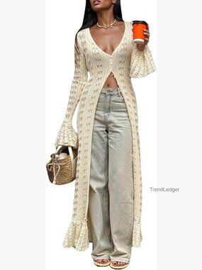 Long Crochet Hollow Out Cardigan Maxi Dress Button Down Boho Cover Up